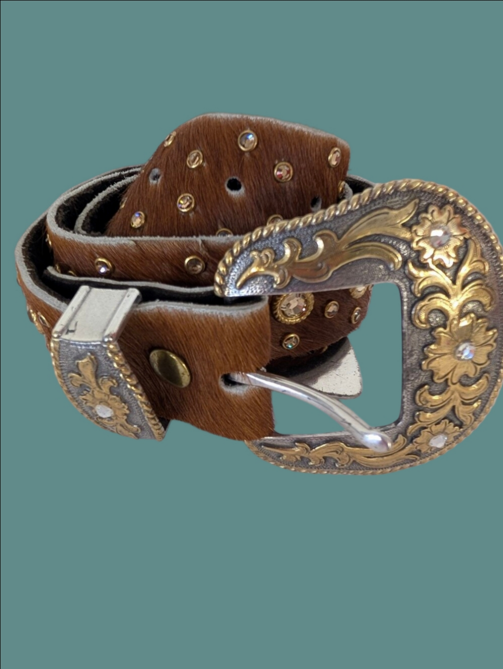 Vintage Belt Brown Western Calf Hair Leather Belt Sequin Ornate Gold Buckle